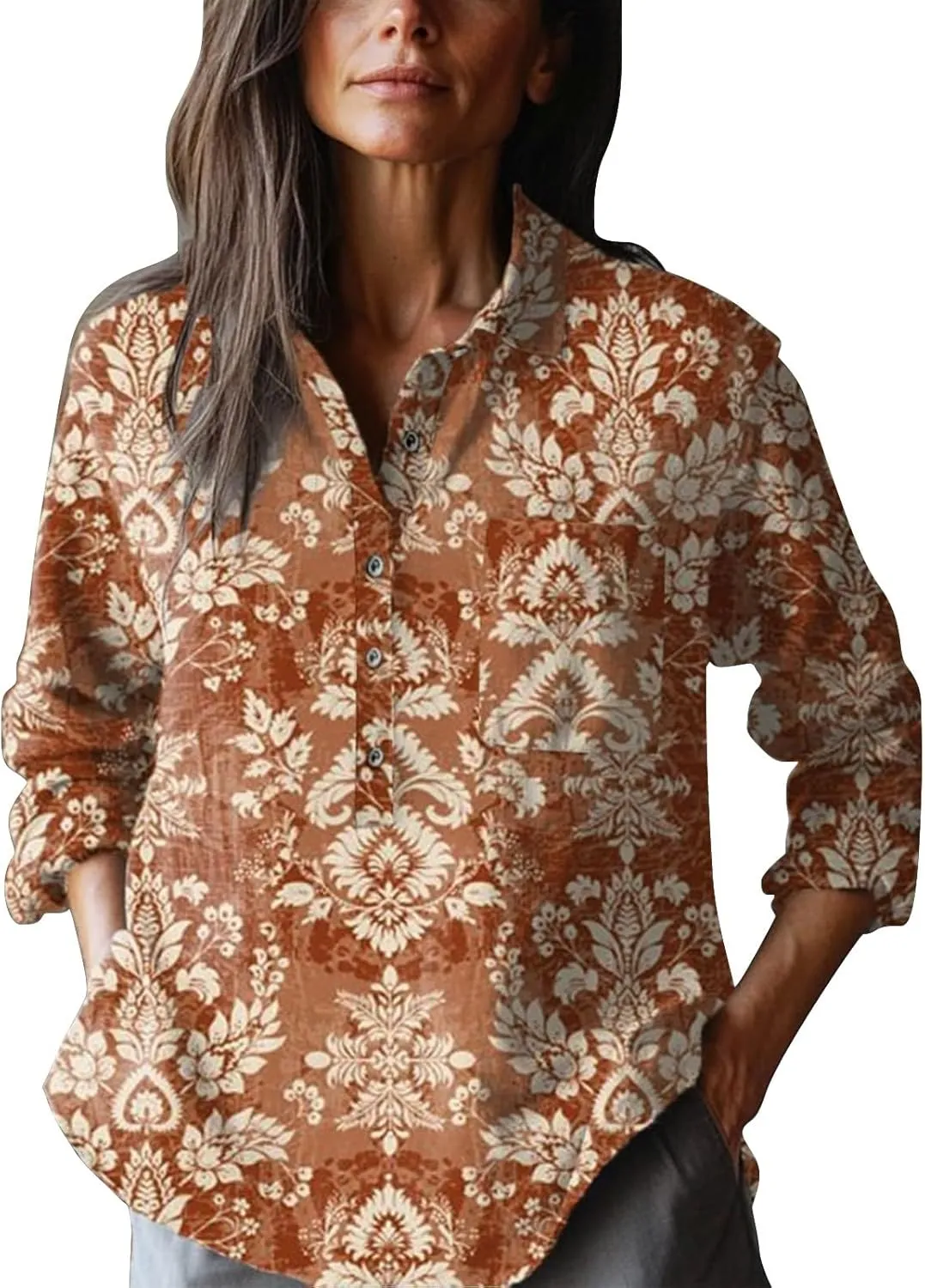 Women's Cotton Linen V-Neck Collar Women's Retro Floral Art Print Casual Long Sleeve Long Sleeve Cotton Gauze Tops