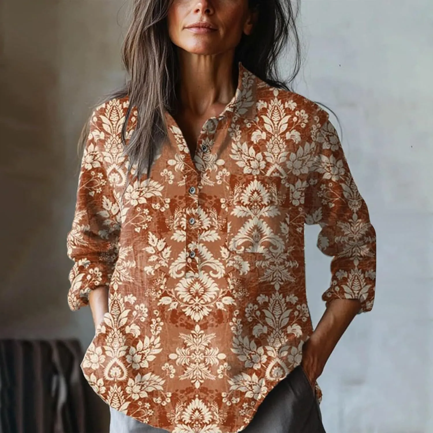 Women's Cotton Linen V-Neck Collar Women's Retro Floral Art Print Casual Long Sleeve Long Sleeve Cotton Gauze Tops