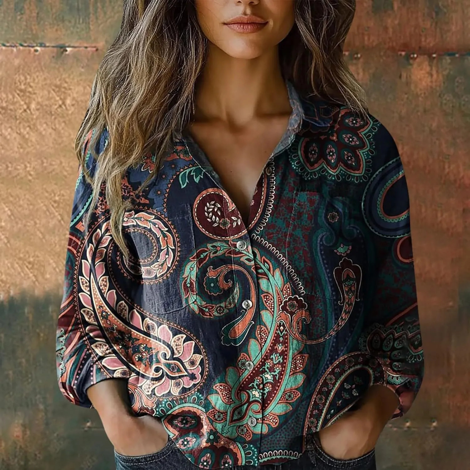 Women's Cotton Linen V-Neck Collar Women's Retro Floral Art Print Casual Long Sleeve Long Sleeve Cotton Gauze Tops