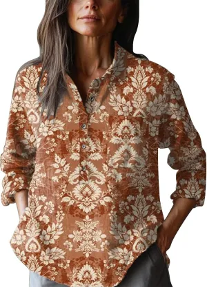 Women's Cotton Linen V-Neck Collar Women's Retro Floral Art Print Casual Long Sleeve Long Sleeve Cotton Gauze Tops