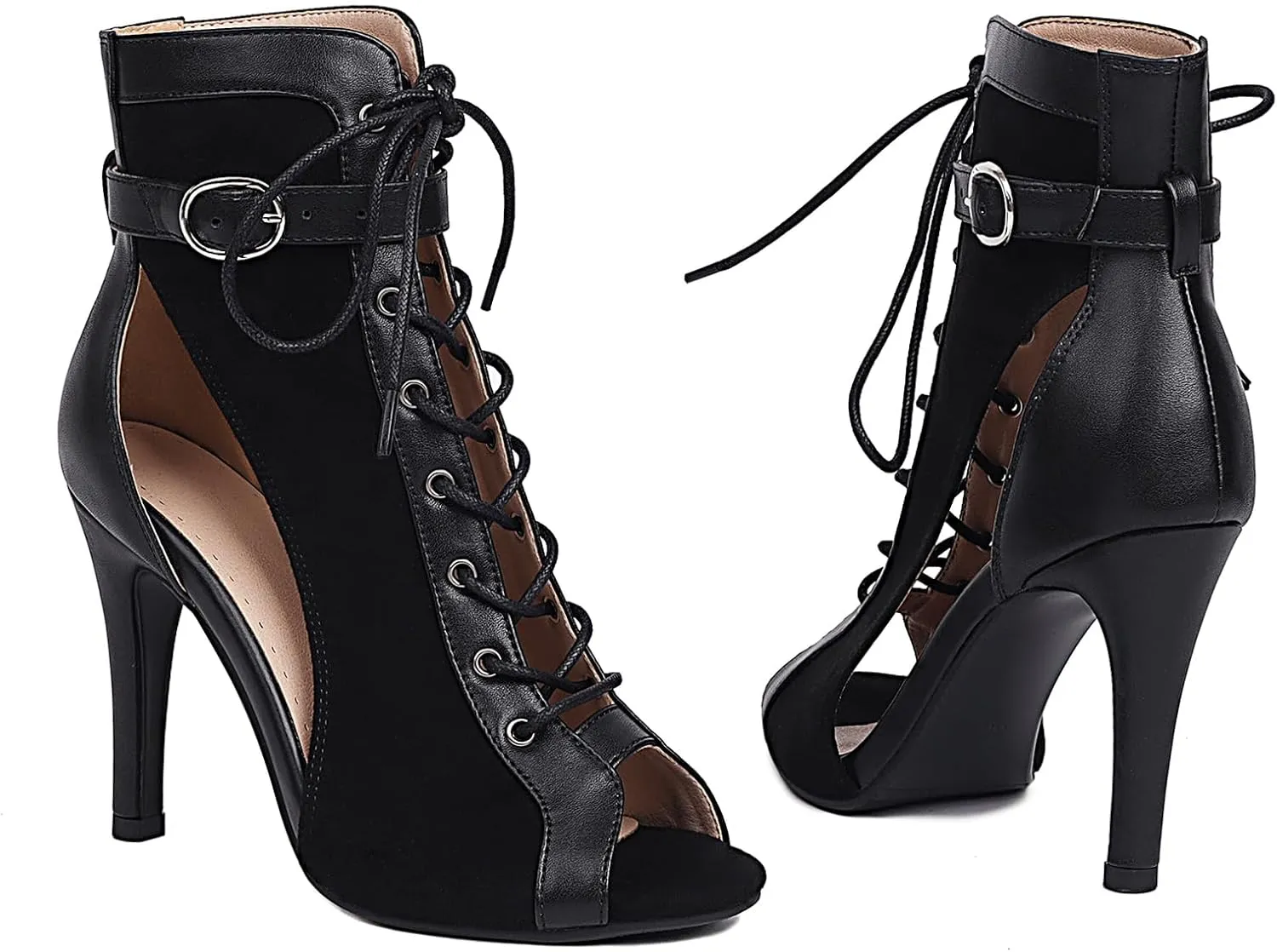 Women's Dance Heels Peep Toe Ankle Dance Boots Lace-up Jazz Ballroom Salsa Shoes