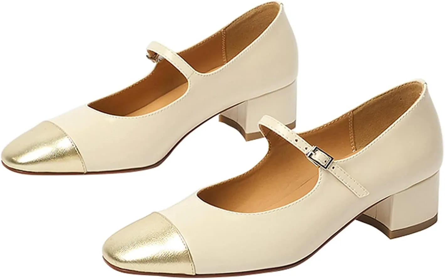 Women's Elegance Cap Toe Two-Tone Instep Strap Buckle Chunky Heel Mary Jane Shoes Classic Matte Leather Closed Round Toe Low Block Heel Dress Pumps Shoes