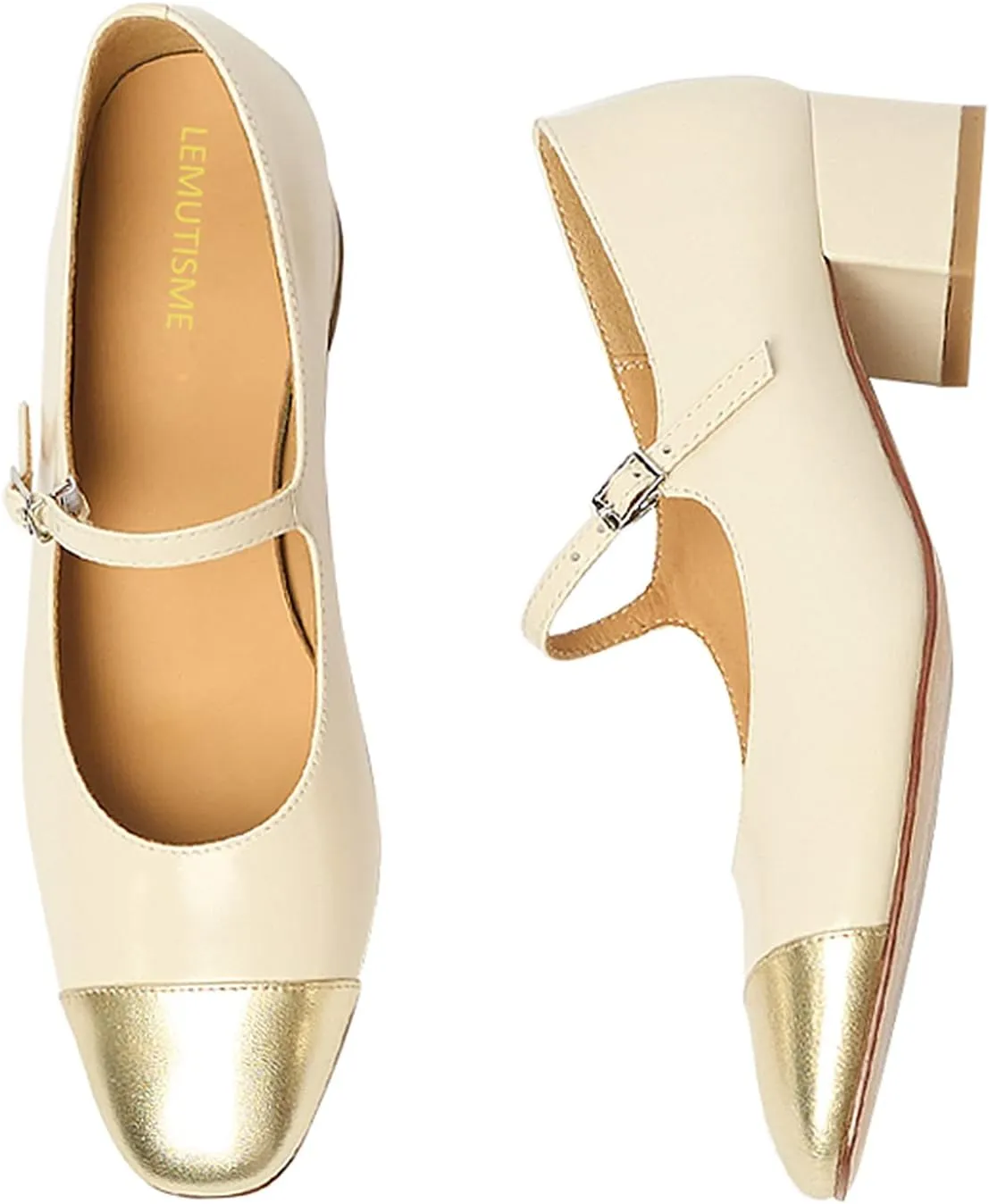 Women's Elegance Cap Toe Two-Tone Instep Strap Buckle Chunky Heel Mary Jane Shoes Classic Matte Leather Closed Round Toe Low Block Heel Dress Pumps Shoes