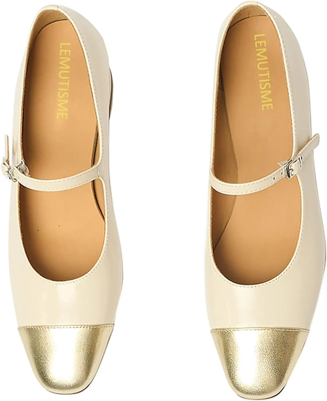 Women's Elegance Cap Toe Two-Tone Instep Strap Buckle Chunky Heel Mary Jane Shoes Classic Matte Leather Closed Round Toe Low Block Heel Dress Pumps Shoes