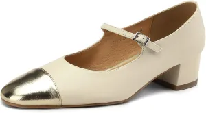 Women's Elegance Cap Toe Two-Tone Instep Strap Buckle Chunky Heel Mary Jane Shoes Classic Matte Leather Closed Round Toe Low Block Heel Dress Pumps Shoes