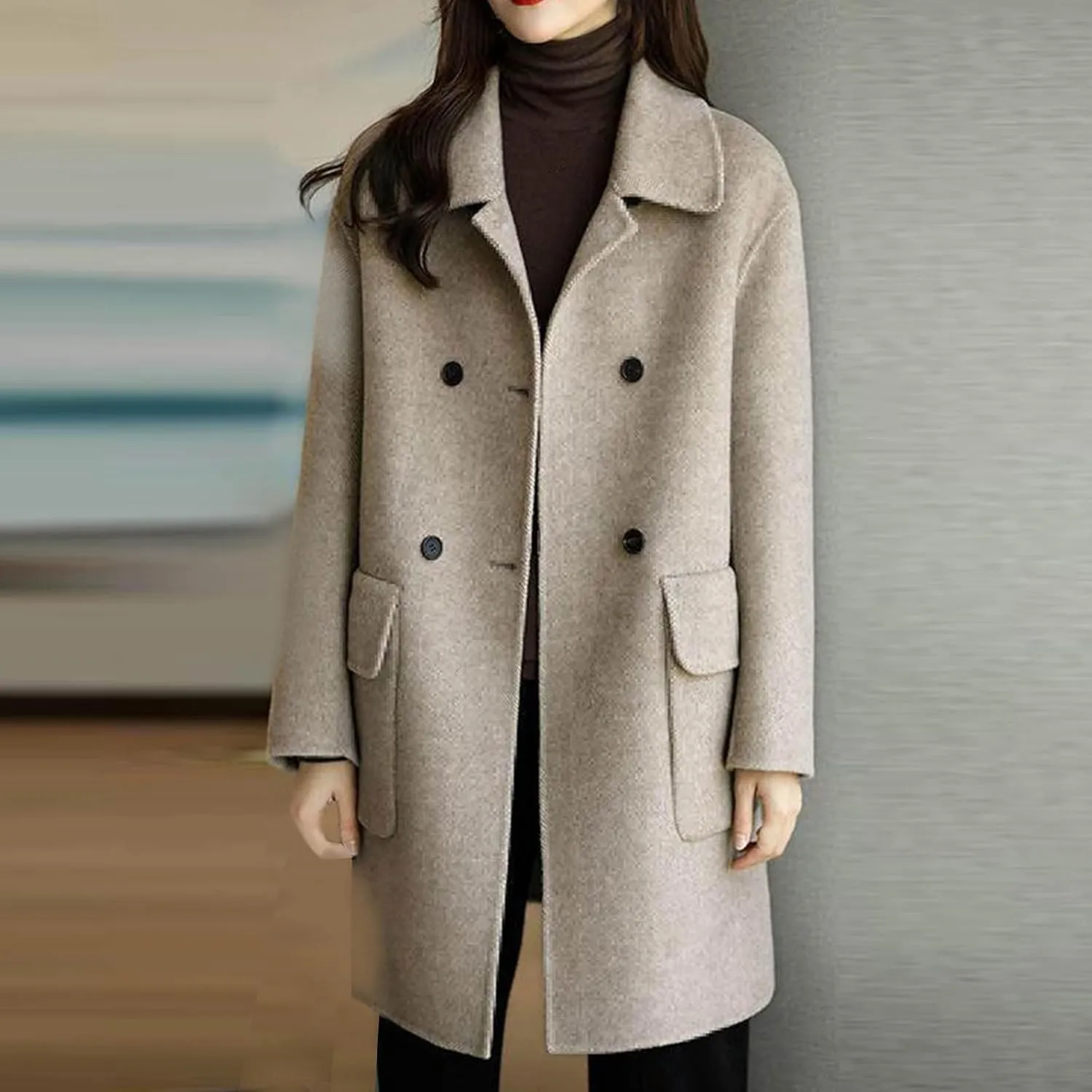 Womens Fall Winter Wool Coat Double Breasted Oversized Peacoat Mid Long Notched Lapel Loose Outwear Coat With Pockets