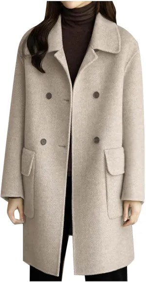 Womens Fall Winter Wool Coat Double Breasted Oversized Peacoat Mid Long Notched Lapel Loose Outwear Coat With Pockets