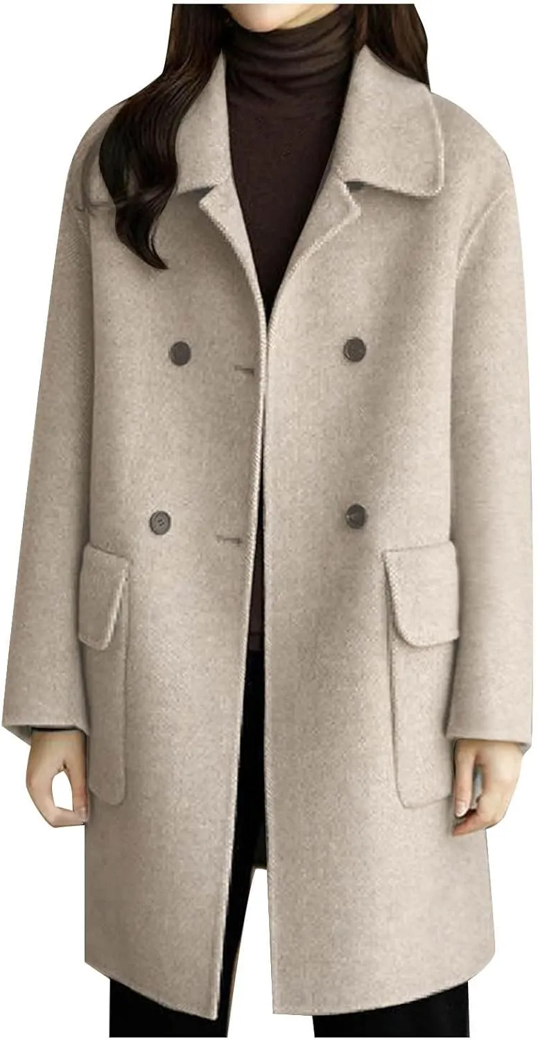 Womens Fall Winter Wool Coat Double Breasted Oversized Peacoat Mid Long Notched Lapel Loose Outwear Coat With Pockets