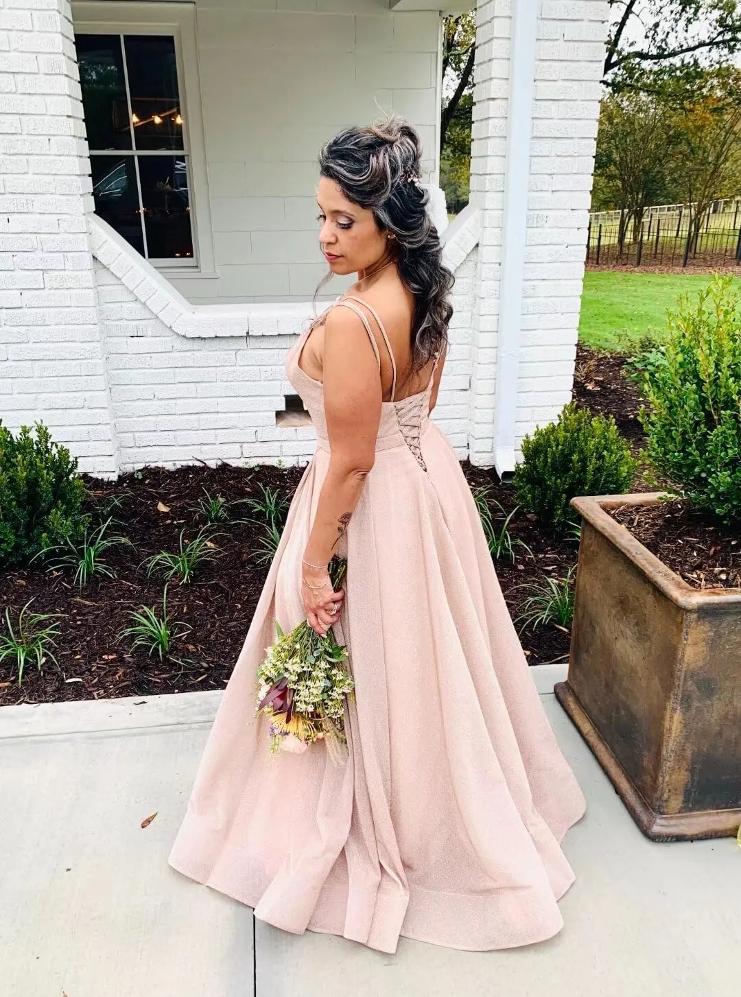 Women's Glittery Spaghetti V-Neck Backless Prom Dresses Long Side Split Formal Evening Gowns