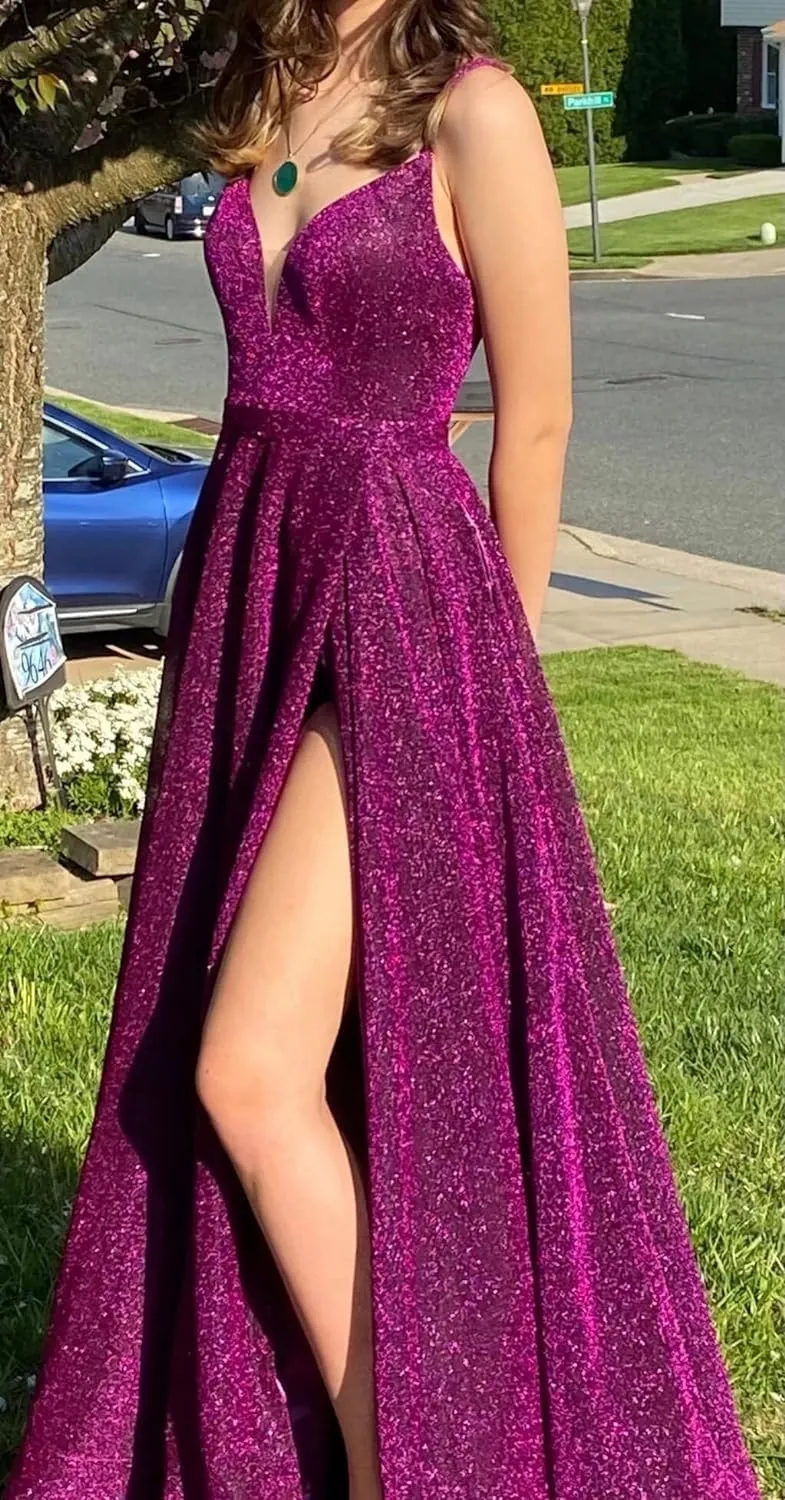 Women's Glittery Spaghetti V-Neck Backless Prom Dresses Long Side Split Formal Evening Gowns