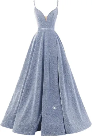 Women's Glittery Spaghetti V-Neck Backless Prom Dresses Long Side Split Formal Evening Gowns