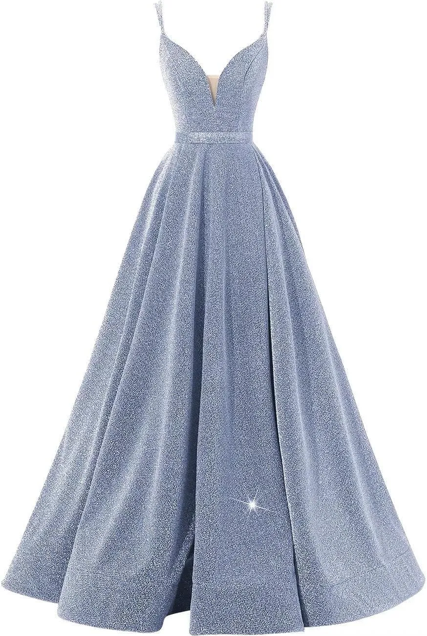 Women's Glittery Spaghetti V-Neck Backless Prom Dresses Long Side Split Formal Evening Gowns