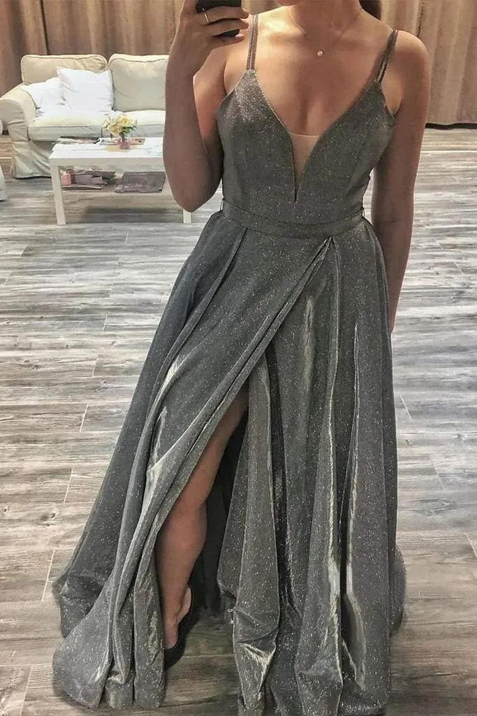 Women's Glittery Spaghetti V-Neck Backless Prom Dresses Long Side Split Formal Evening Gowns