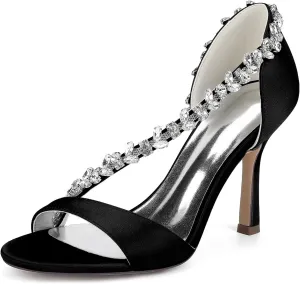 Womens Heeled Sandals Open Toe Strap Rhinestone Satin Bridal Shoes Stiletto Heel 8.5Cm Ankle Wedding Dress Fo Engagement Evening Prom
