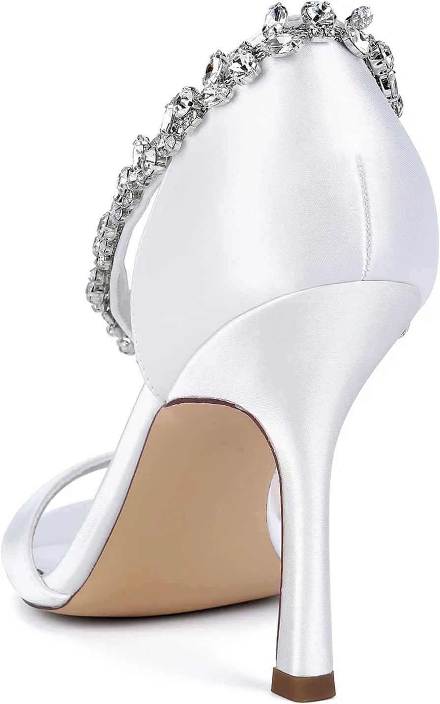 Womens Heeled Sandals Open Toe Strap Rhinestone Satin Bridal Shoes Stiletto Heel 8.5Cm Ankle Wedding Dress Fo Engagement Evening Prom