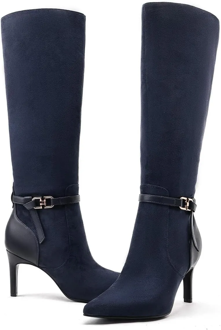 Women's Knee High Boots Women Mid Heel Pointed Toe Tall Boots for Women High Heel Side Zipper with Buckle Bow Knots Long Boots for Fall Winter for Fall Winter