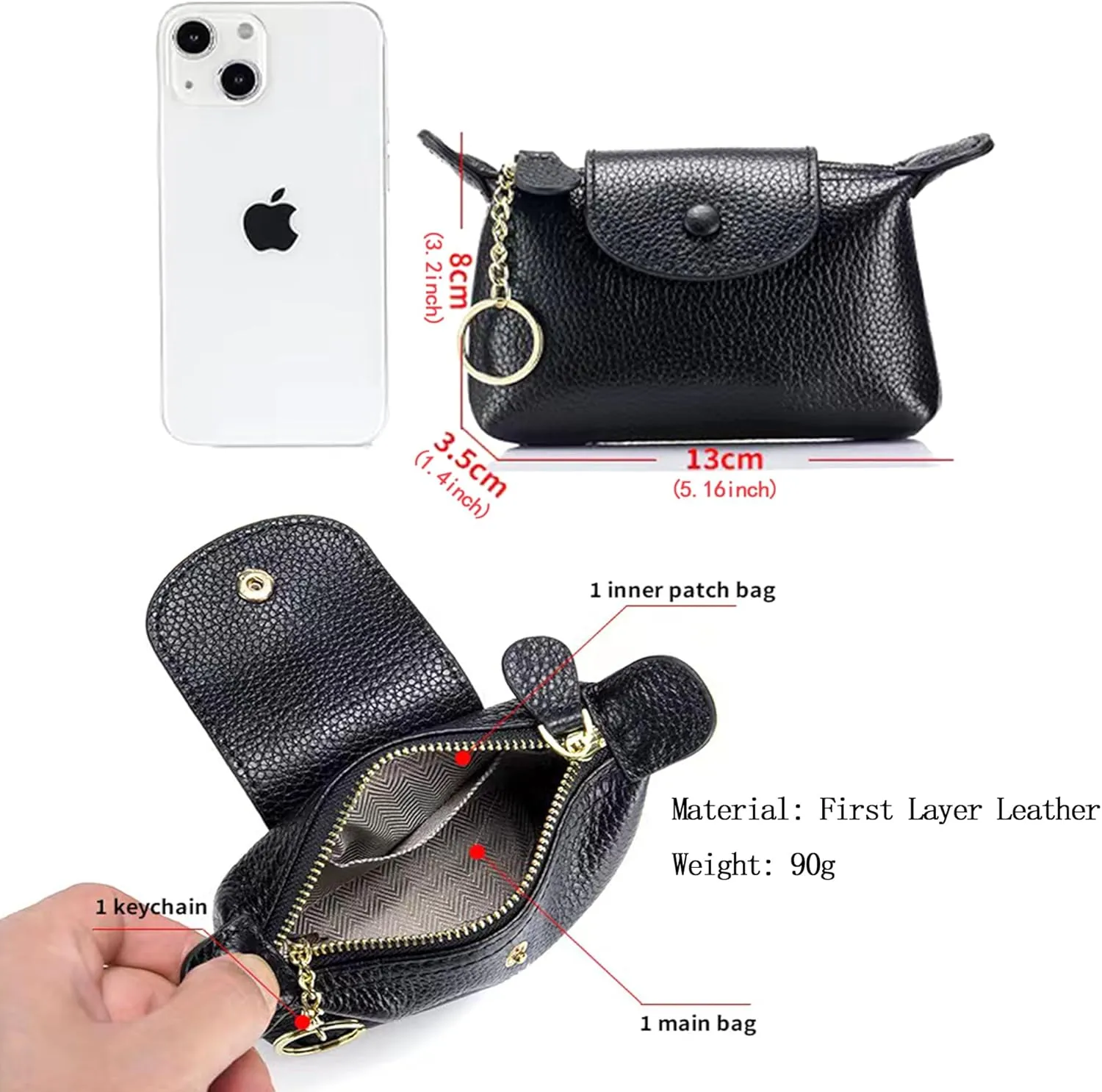Women's Leather Coin Purse with KeyChain, Small Leather Pouch with Zipper for Women Fashionable Wallet Leather Classic Money Bag (Brown), US-Bag-02