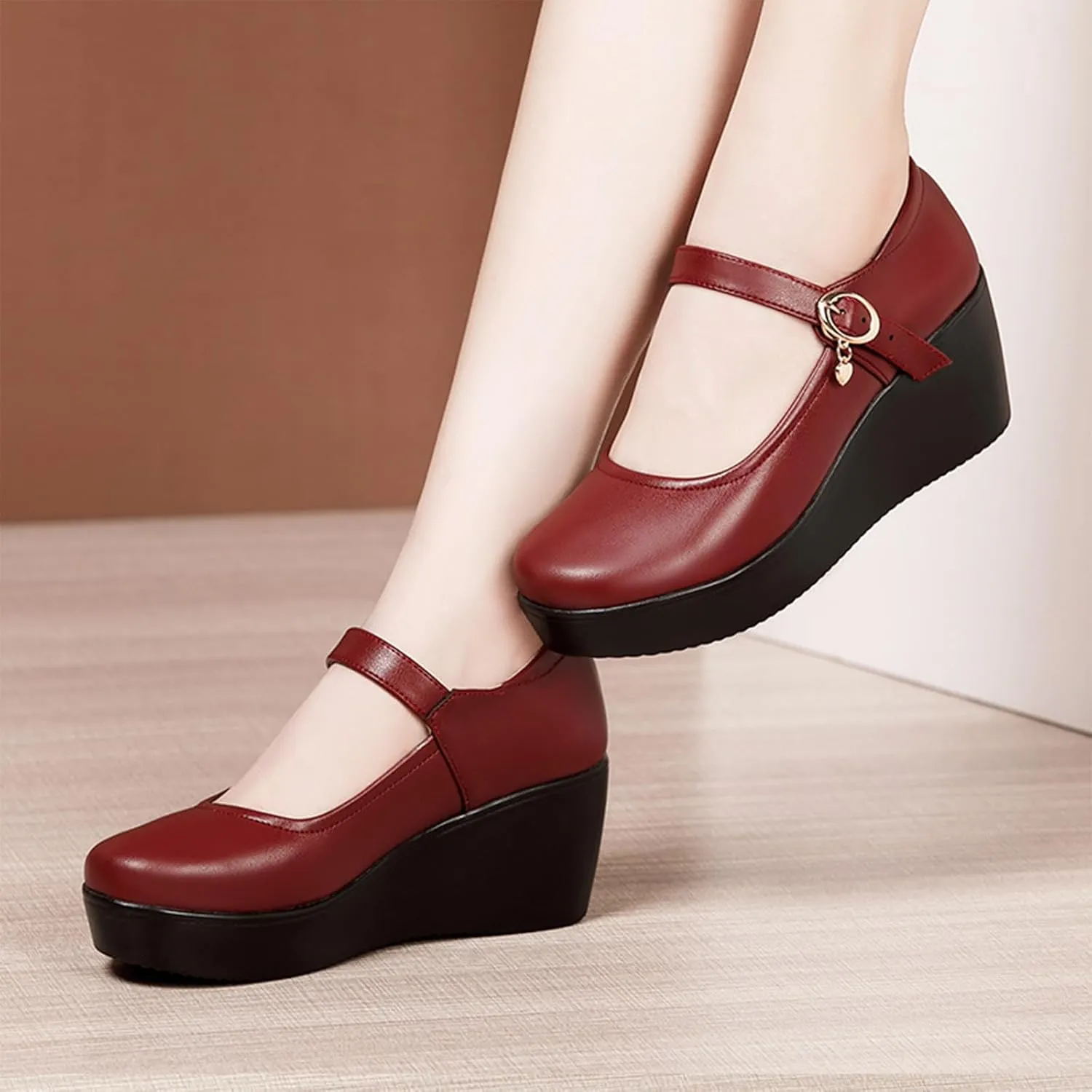 Women's Leather Fashion Wedge Heel Mary Janes with Adjustable Ankle Strap Comfort Non Slip Platform Mom Shoes for Casual Shopping Outdoor