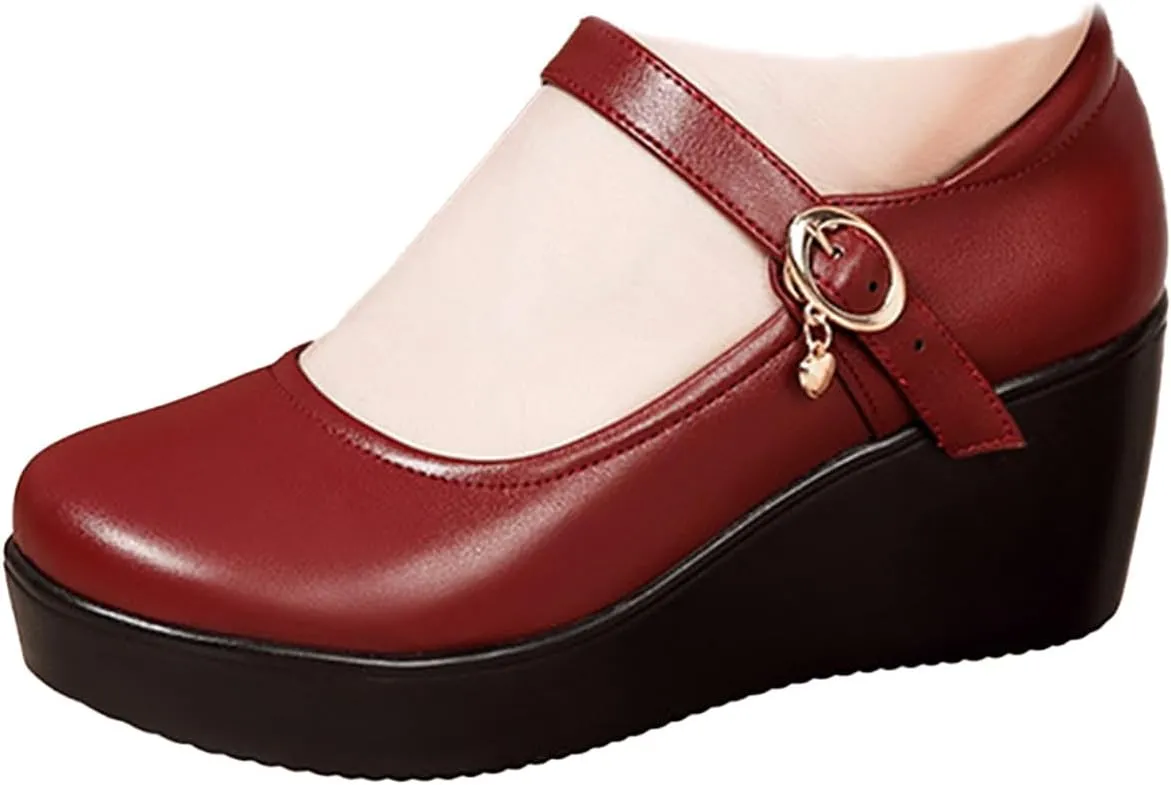 Women's Leather Fashion Wedge Heel Mary Janes with Adjustable Ankle Strap Comfort Non Slip Platform Mom Shoes for Casual Shopping Outdoor