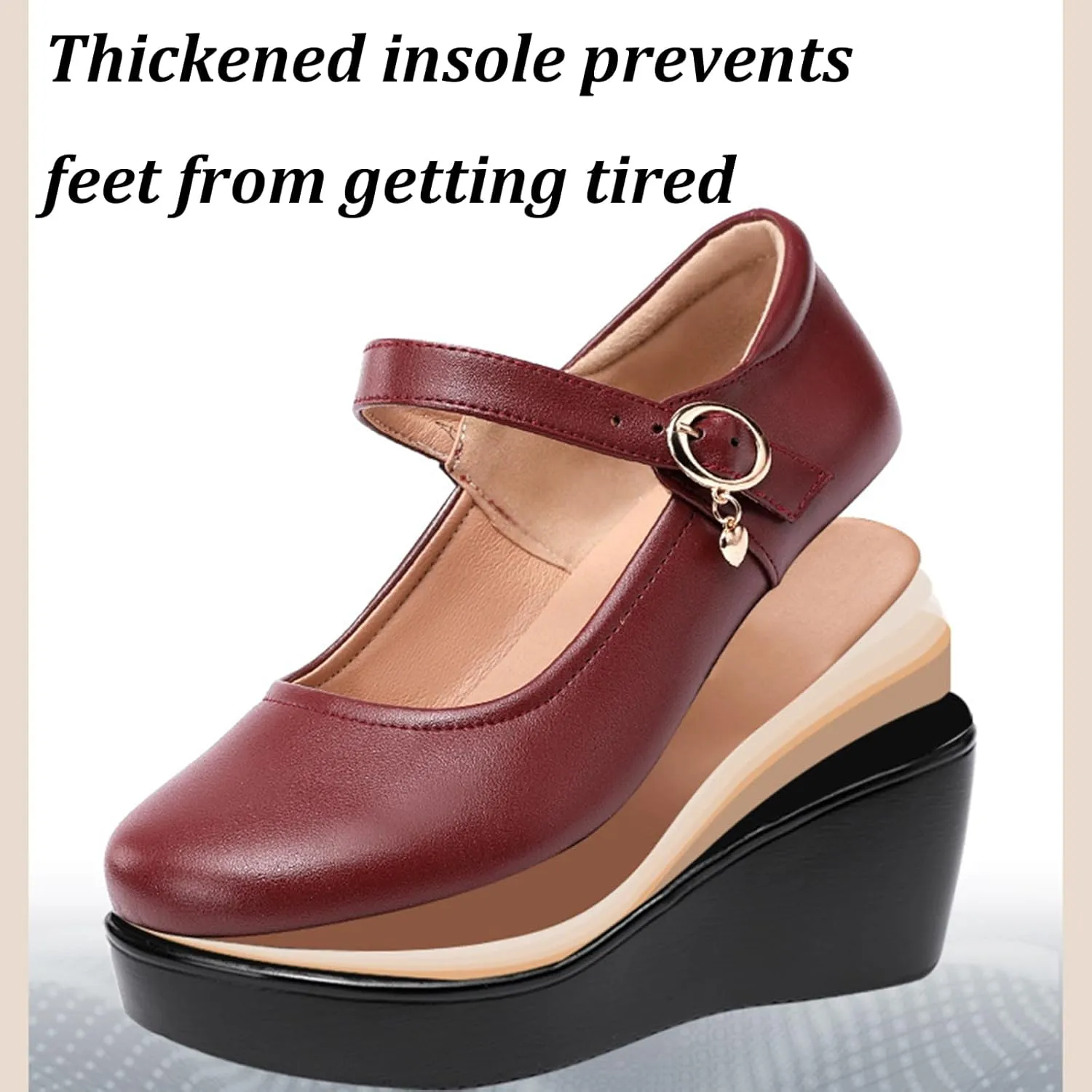 Women's Leather Fashion Wedge Heel Mary Janes with Adjustable Ankle Strap Comfort Non Slip Platform Mom Shoes for Casual Shopping Outdoor