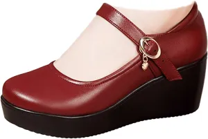 Women's Leather Fashion Wedge Heel Mary Janes with Adjustable Ankle Strap Comfort Non Slip Platform Mom Shoes for Casual Shopping Outdoor