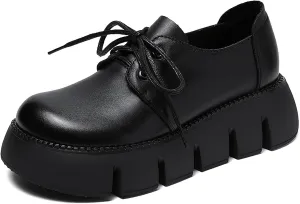 Women's Leather Lace Up Platform Loafers,Comfortable Lug Sole Vintage Oxford Shoe Classic Office Business Dress Shoes