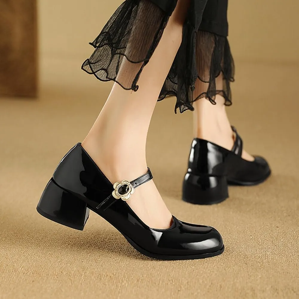 Women's Patent Leather Lolita Shoes Mary Jane Platform Chunky Heeled Pumps Comfort Square Toe Dressy Shoes for Wedding Work Office