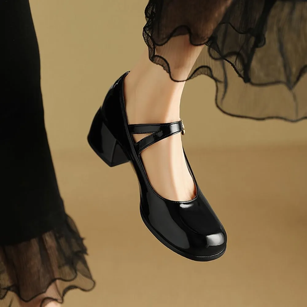 Women's Patent Leather Lolita Shoes Mary Jane Platform Chunky Heeled Pumps Comfort Square Toe Dressy Shoes for Wedding Work Office