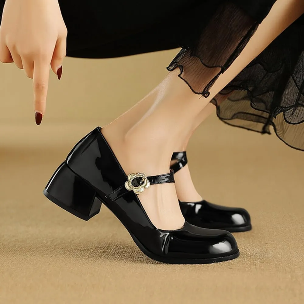 Women's Patent Leather Lolita Shoes Mary Jane Platform Chunky Heeled Pumps Comfort Square Toe Dressy Shoes for Wedding Work Office