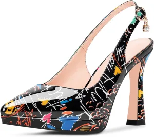 Women's Platform Slingback Closed Pointed Toe High Heel Pumps Slip On Party Dress Shoes