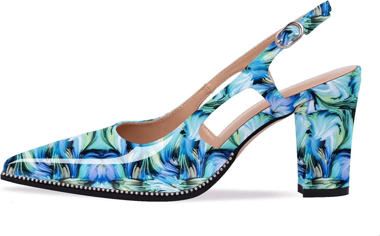 Women's Pointed Toe Block Heel Slingback Pumps Beaded Patent Leather Buckle Strap Slip On Work Party Dress Shoes