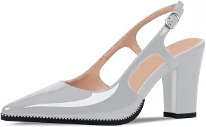Women's Pointed Toe Block Heel Slingback Pumps Beaded Patent Leather Buckle Strap Slip On Work Party Dress Shoes