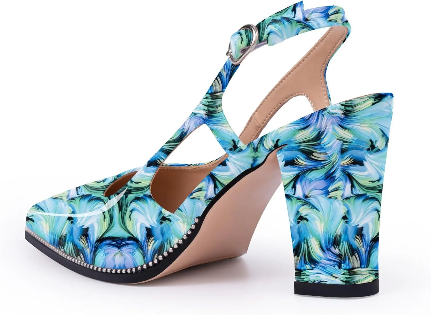 Women's Pointed Toe Block Heel Slingback Pumps Beaded Patent Leather Buckle Strap Slip On Work Party Dress Shoes