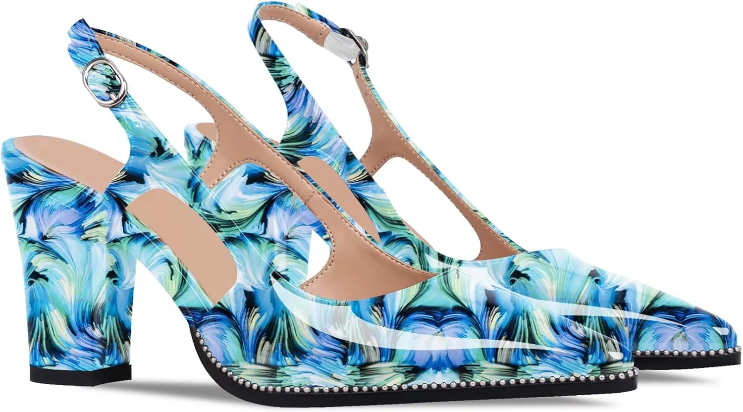 Women's Pointed Toe Block Heel Slingback Pumps Beaded Patent Leather Buckle Strap Slip On Work Party Dress Shoes