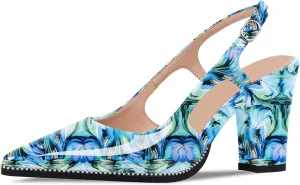 Women's Pointed Toe Block Heel Slingback Pumps Beaded Patent Leather Buckle Strap Slip On Work Party Dress Shoes