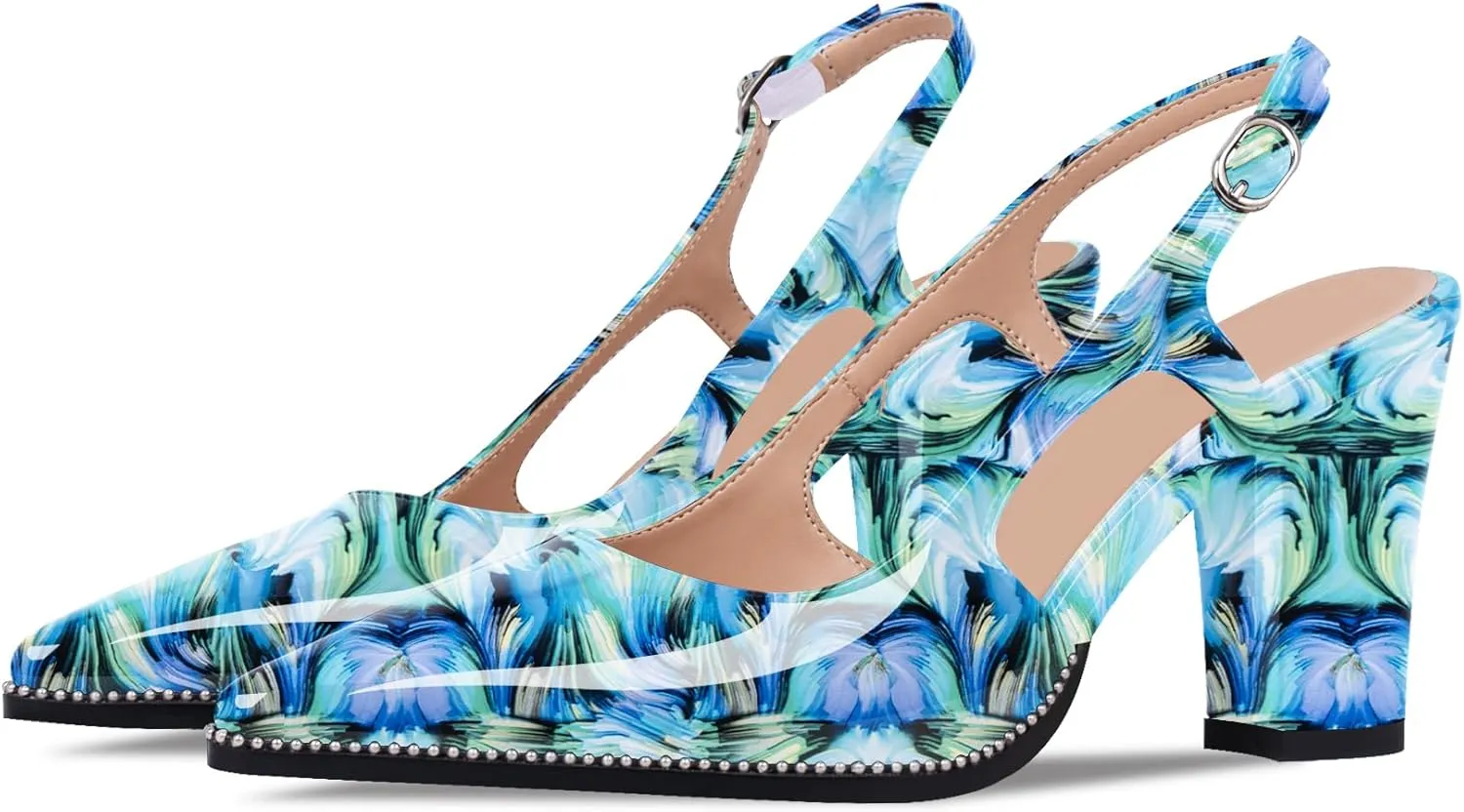 Women's Pointed Toe Block Heel Slingback Pumps Beaded Patent Leather Buckle Strap Slip On Work Party Dress Shoes