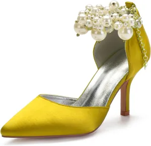 Women's Sandal 8CM High Heels Beaded Bowknot Strap Bridal Wedding Shoes Satin Stiletto Pump Elegant Formal Women's Sandal Pointed Toe,Yellow,10