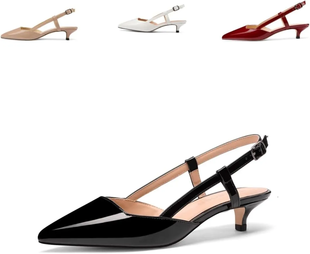 Women's Slingback Patent Leather Pointed Toe Strap Kitten Low Heel Pumps Shoes 1.5 Inch