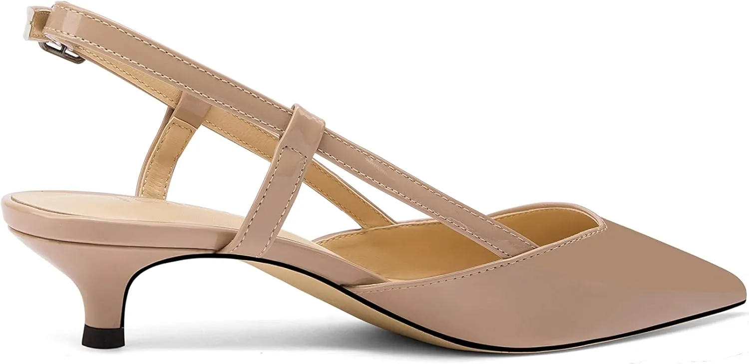 Women's Slingback Patent Leather Pointed Toe Strap Kitten Low Heel Pumps Shoes 1.5 Inch