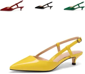 Women's Slingback Patent Leather Pointed Toe Strap Kitten Low Heel Pumps Shoes 1.5 Inch