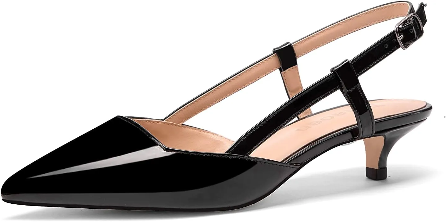 Women's Slingback Patent Leather Pointed Toe Strap Kitten Low Heel Pumps Shoes 1.5 Inch