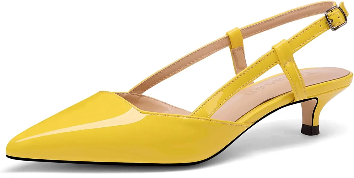 Women's Slingback Patent Leather Pointed Toe Strap Kitten Low Heel Pumps Shoes 1.5 Inch