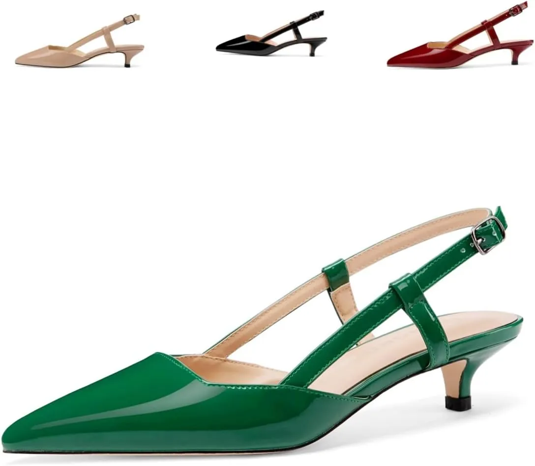 Women's Slingback Patent Leather Pointed Toe Strap Kitten Low Heel Pumps Shoes 1.5 Inch