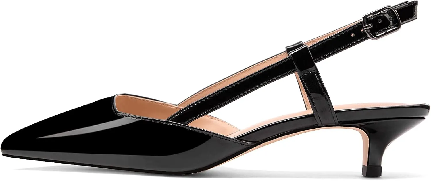 Women's Slingback Patent Leather Pointed Toe Strap Kitten Low Heel Pumps Shoes 1.5 Inch