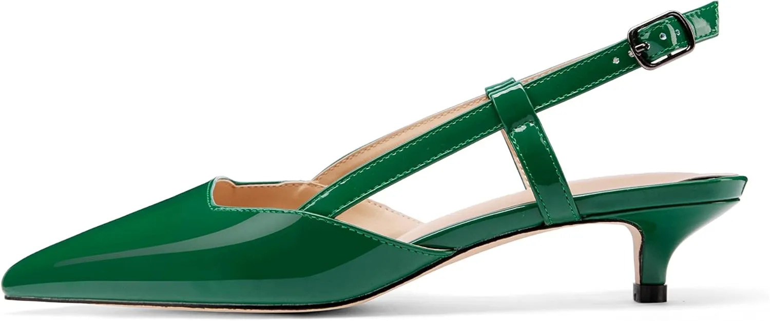Women's Slingback Patent Leather Pointed Toe Strap Kitten Low Heel Pumps Shoes 1.5 Inch