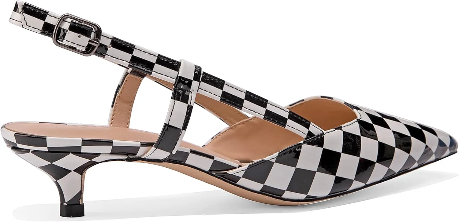 Women's Slingback Patent Leather Pointed Toe Strap Kitten Low Heel Pumps Shoes 1.5 Inch