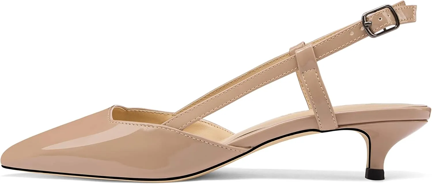 Women's Slingback Patent Leather Pointed Toe Strap Kitten Low Heel Pumps Shoes 1.5 Inch