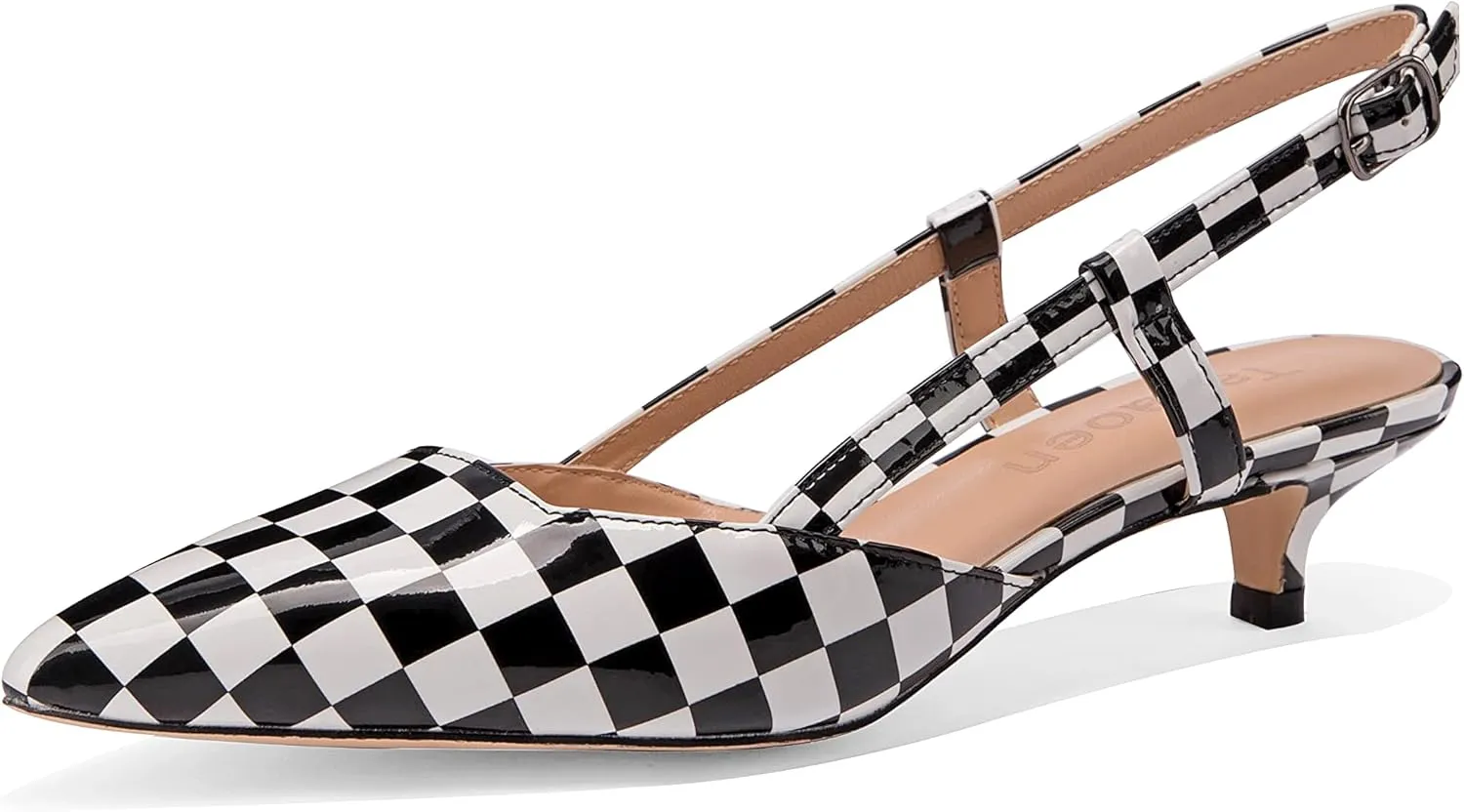 Women's Slingback Patent Leather Pointed Toe Strap Kitten Low Heel Pumps Shoes 1.5 Inch