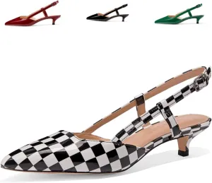 Women's Slingback Patent Leather Pointed Toe Strap Kitten Low Heel Pumps Shoes 1.5 Inch