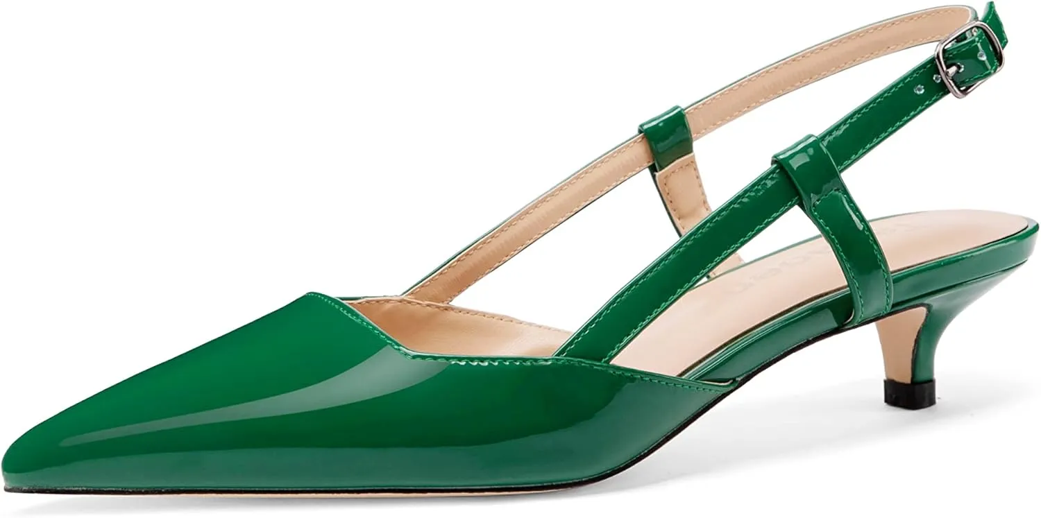 Women's Slingback Patent Leather Pointed Toe Strap Kitten Low Heel Pumps Shoes 1.5 Inch